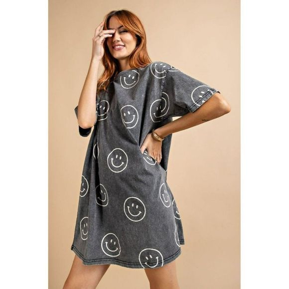 Easel Womens Smiley Happy Oversized Dress or Top in Black New S-L ED18210 - Picture 4 of 11